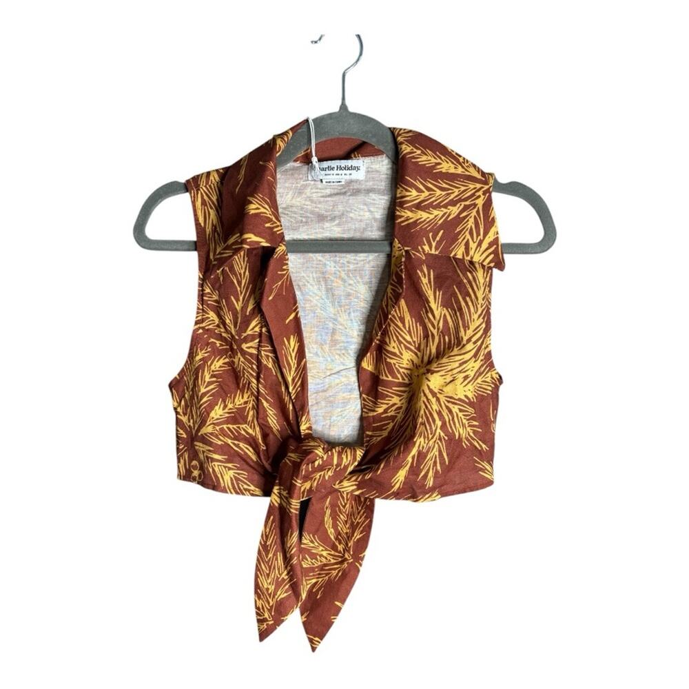 Charlie Holiday Brown Gold Printed Sleeveless Tie Front Collared Top 6